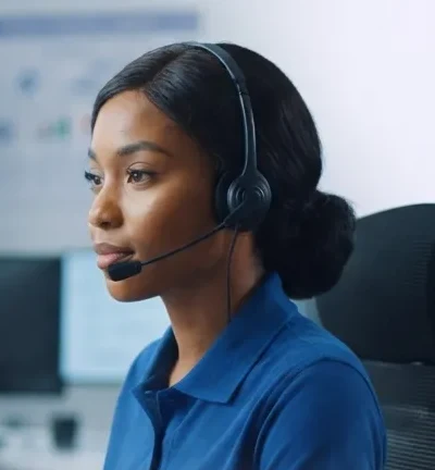 Support agent with a headset taking a call at her desk