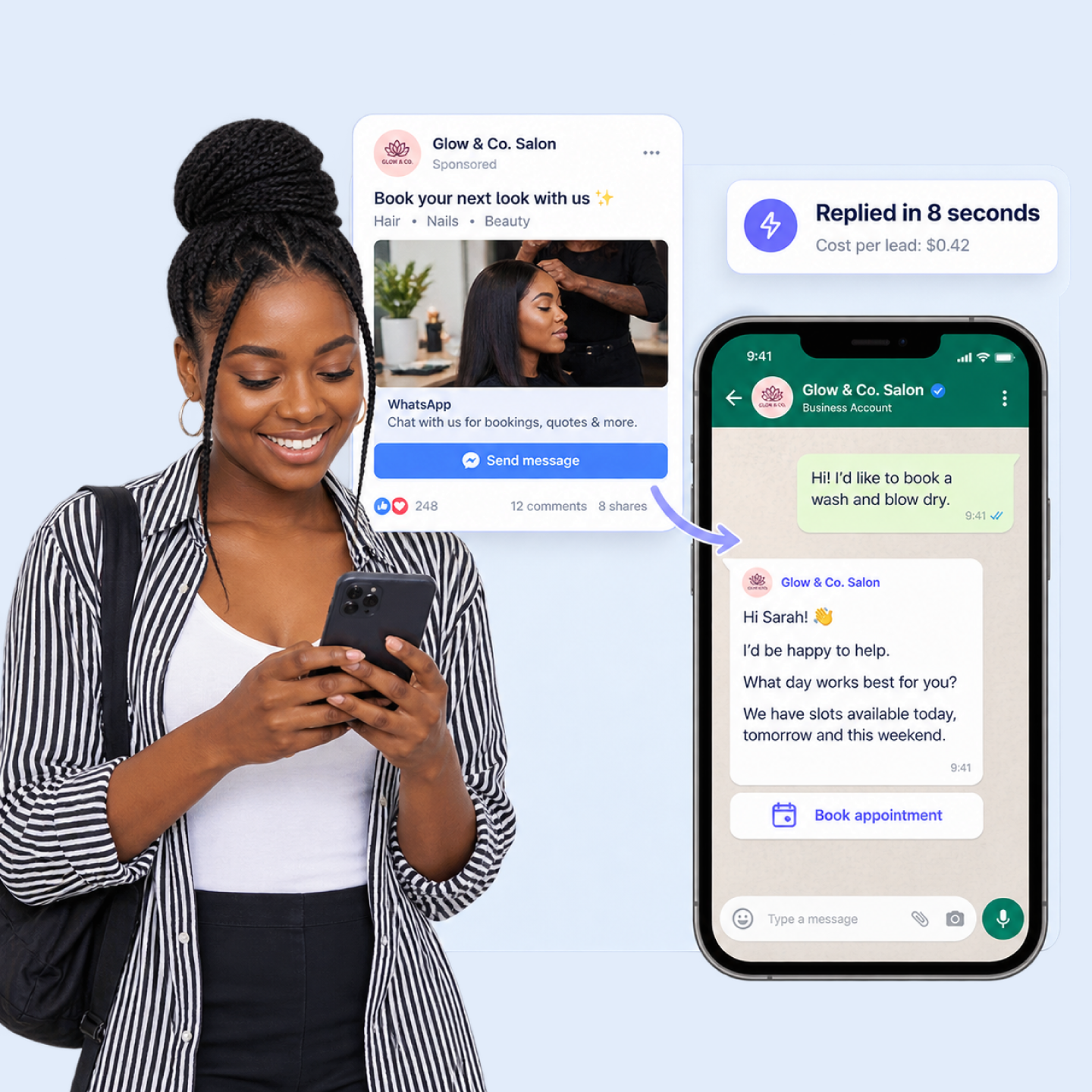 Facebook ad click flowing into a WhatsApp chat with an instant Nautix reply, showing the tap-to-conversation path