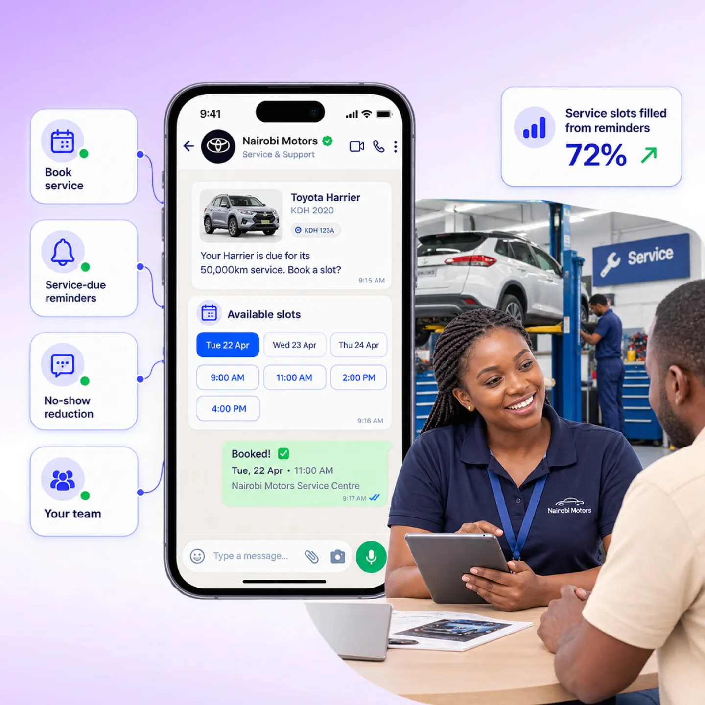 Nautix booking a car service appointment and sending reminders