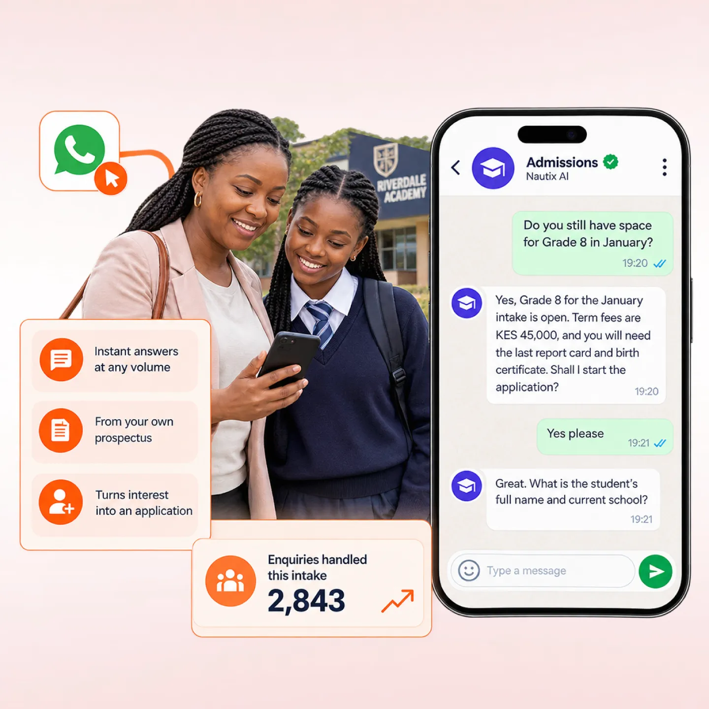 Nautix answering admissions enquiries instantly on WhatsApp