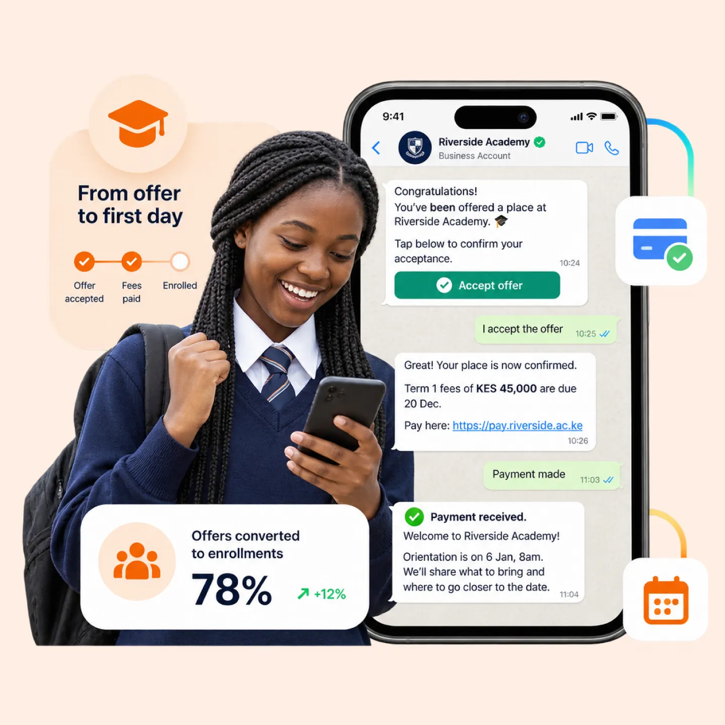 Nautix confirming offer acceptance and sending fee reminders on WhatsApp