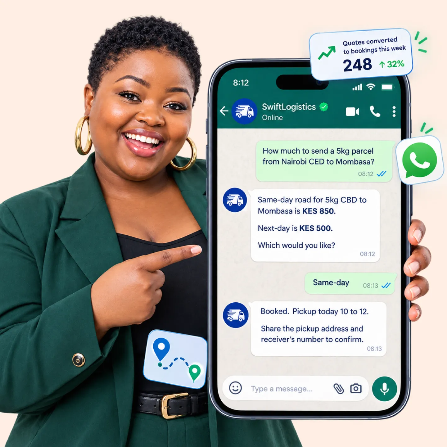 Nautix quoting and booking a shipment on WhatsApp