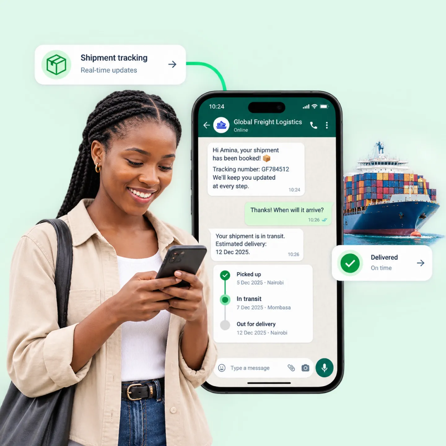 Nautix tracking a shipment and updating the customer on WhatsApp