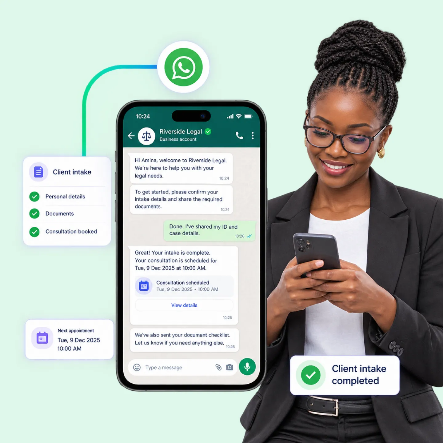 Nautix handling a client intake conversation on WhatsApp