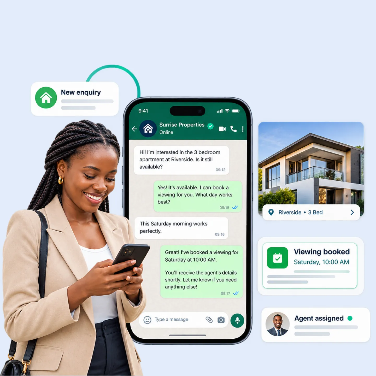Nautix booking a property viewing from a WhatsApp listing enquiry
