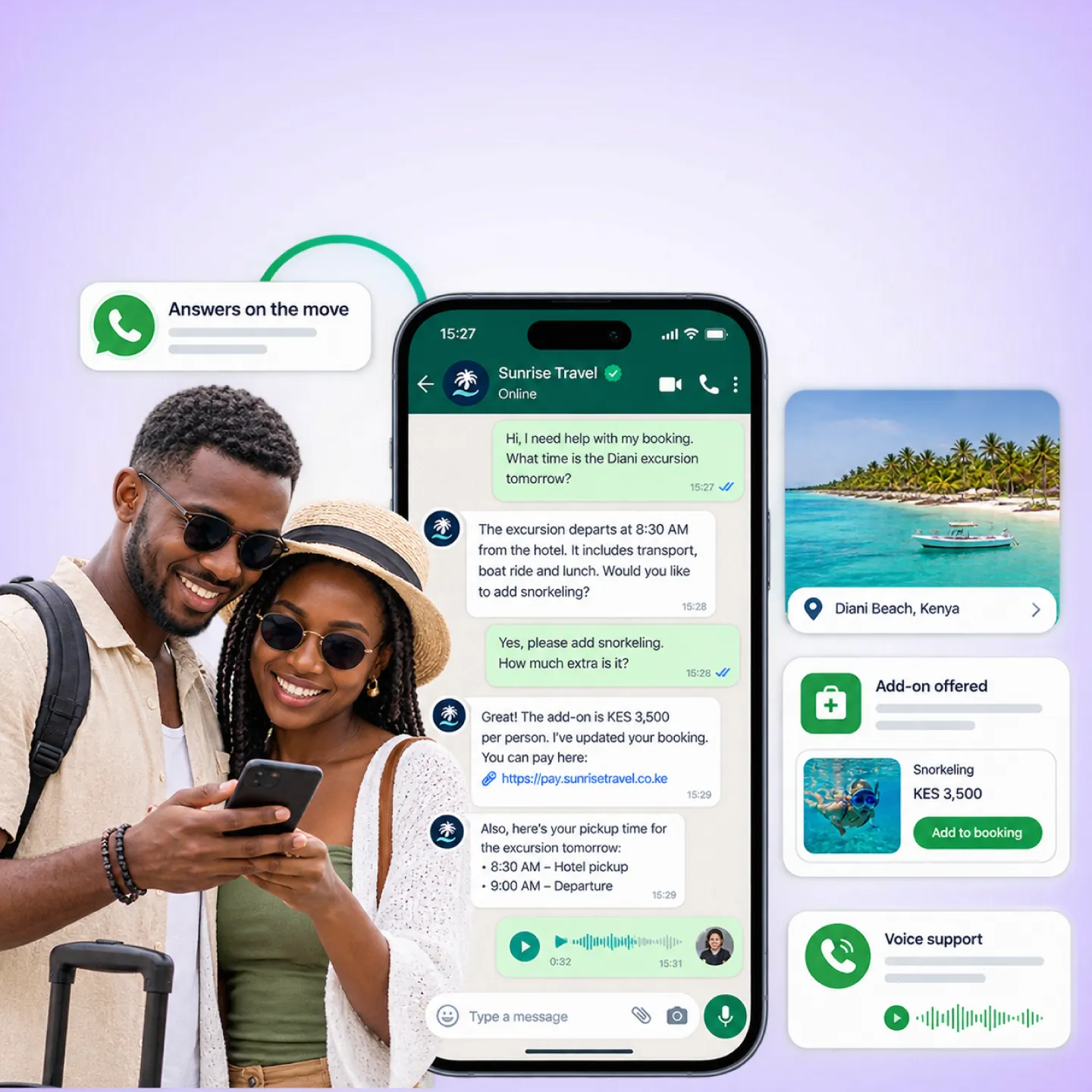 Nautix supporting a traveler in-trip and offering an add-on on WhatsApp