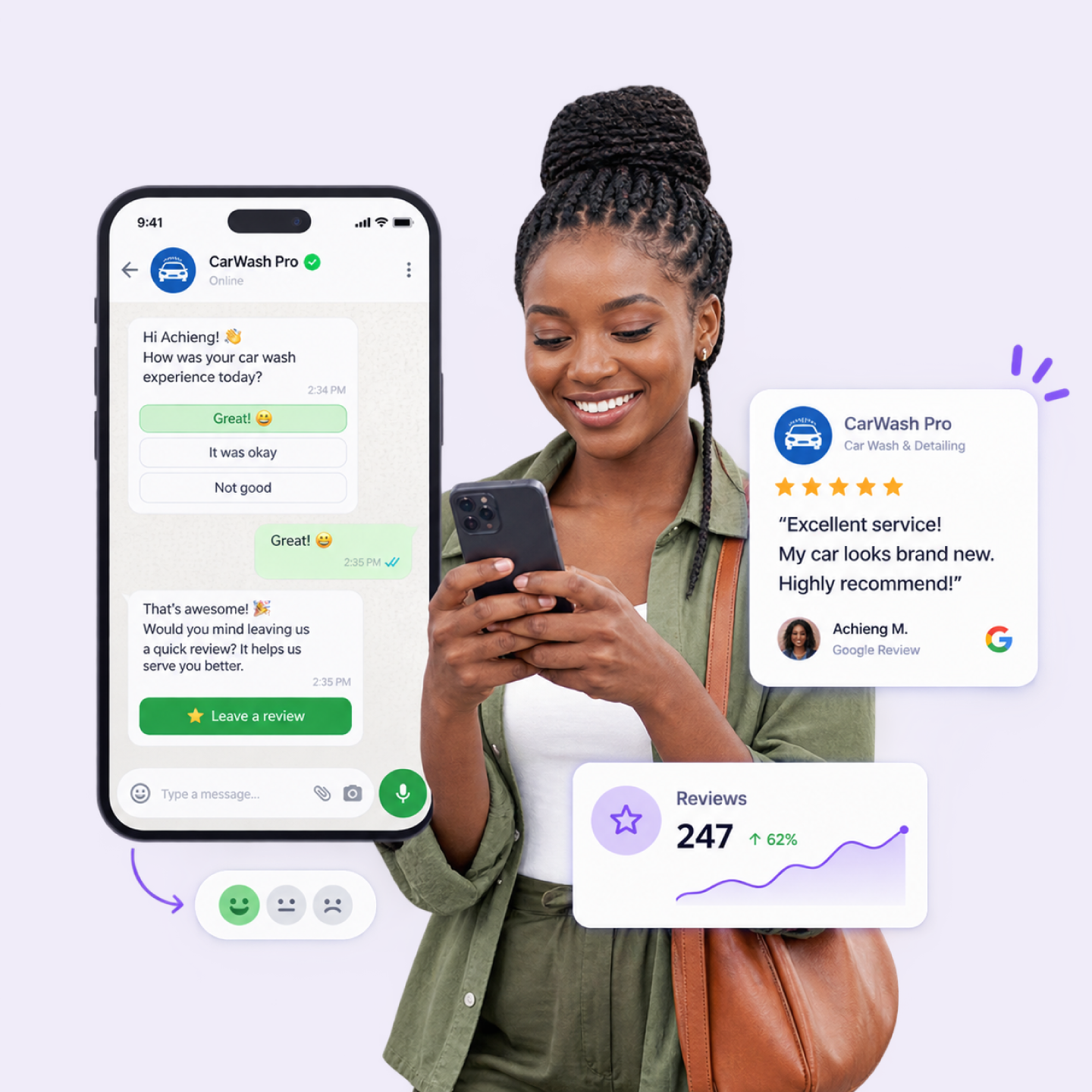 WhatsApp feedback prompt showing a rating question with happy responses routed to public reviews and unhappy ones held privately for the business owner